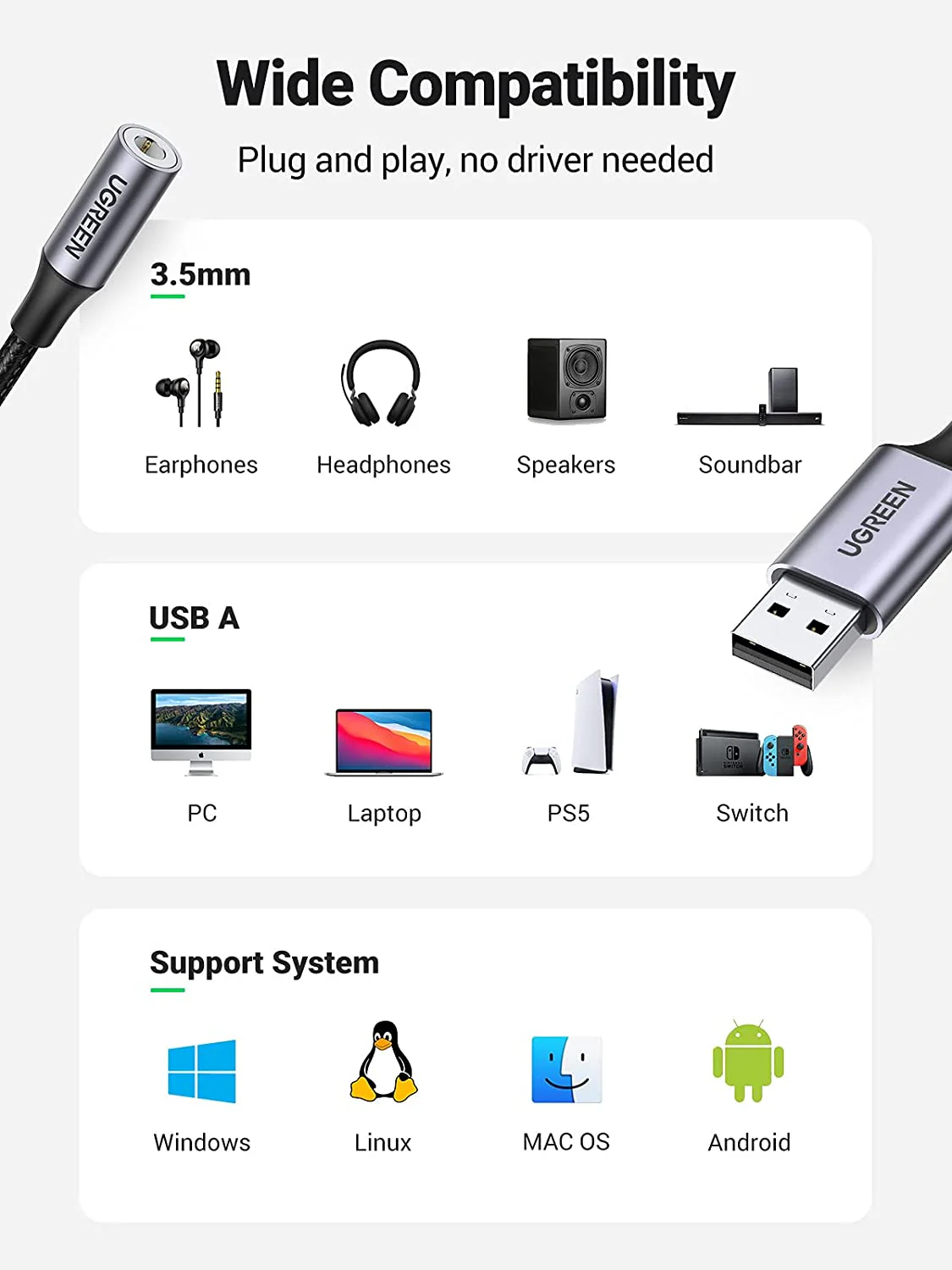 Accessory UGREEN USB to 3.5mm Audio Jack USB A Sound Card Adapter view 5
