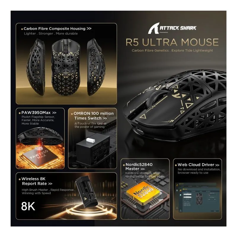 Mouse Attack Shark R5 Ultra Carbon Fiber 42000 DPI RGB Wireless Gaming - Black alternate