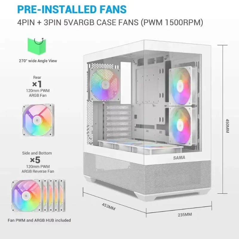 Case SAMA V40 ATX Mid Tower PC Case (With 6 Pre-Installed ARGB Fans) - White view 4
