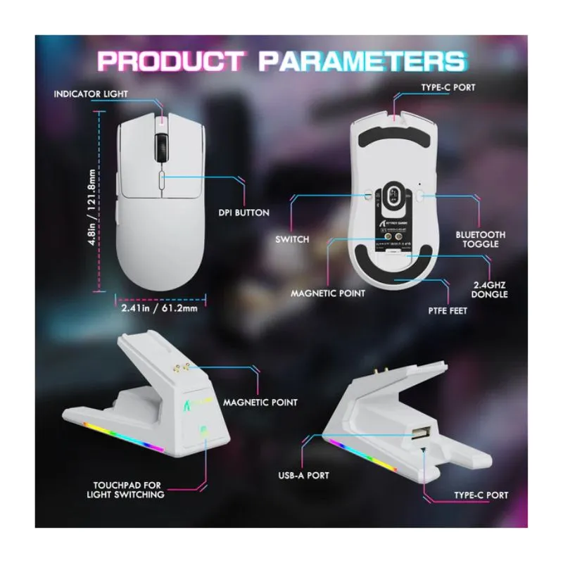 Mouse Attack Shark X1 16000 DPI RGB Tri-mode Wireless Gaming - White view 5