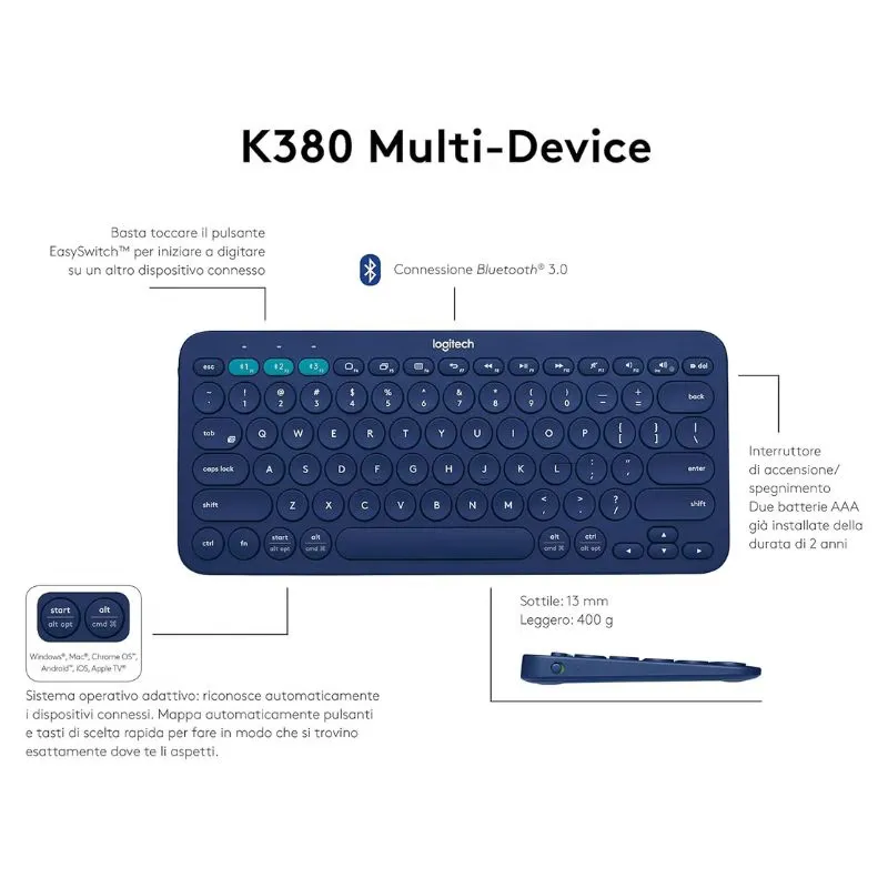 Keyboard Logitech K380 Multi-Device Bluetooth Keyboard - Blue view 3