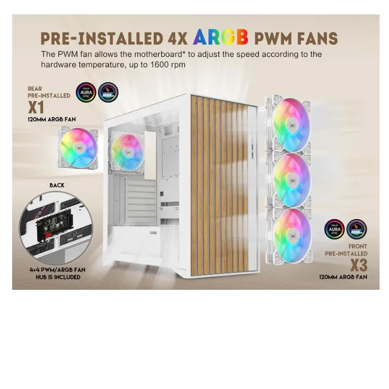 Case SAMA V-Nature SV-05 Mid Tower ATX Gaming Case BTF Back Plug Motherboard (4 Pre-Installed ARGB Fans) - White view 5
