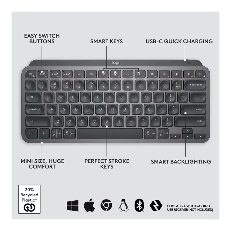 Keyboard Logitech MX Keys Mini Minimalist Wireless Keyboard - Black alternate