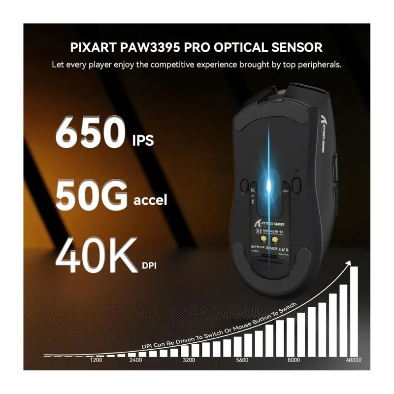 Mouse Attack Shark X1 16000 DPI RGB Tri-mode Gaming Mouse - Black view 5