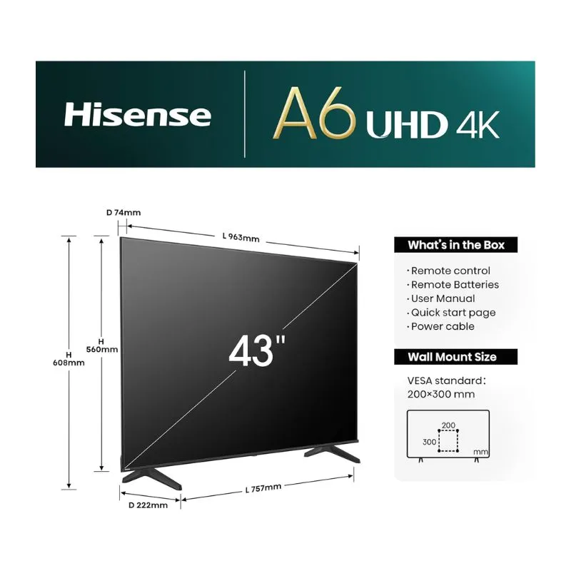Monitor Hisense 43A61N 43″ 4K UHD Smart TV with HDR - VIDAA OS - Black alternate
