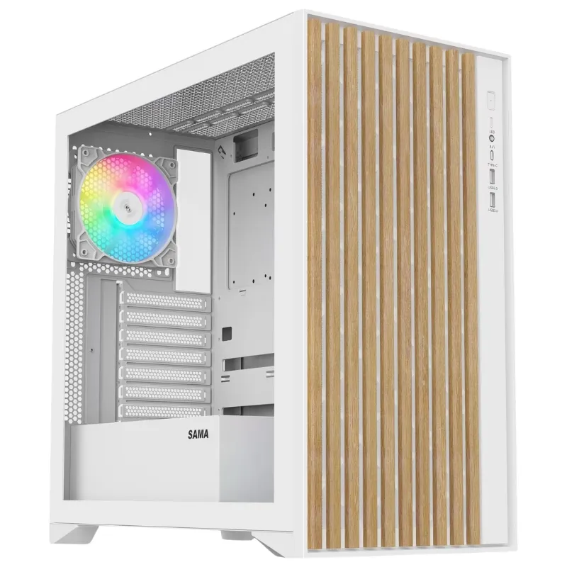 Case SAMA V-Nature SV-05 Mid Tower ATX Gaming Case BTF Back Plug Motherboard (4 Pre-Installed ARGB Fans) - White