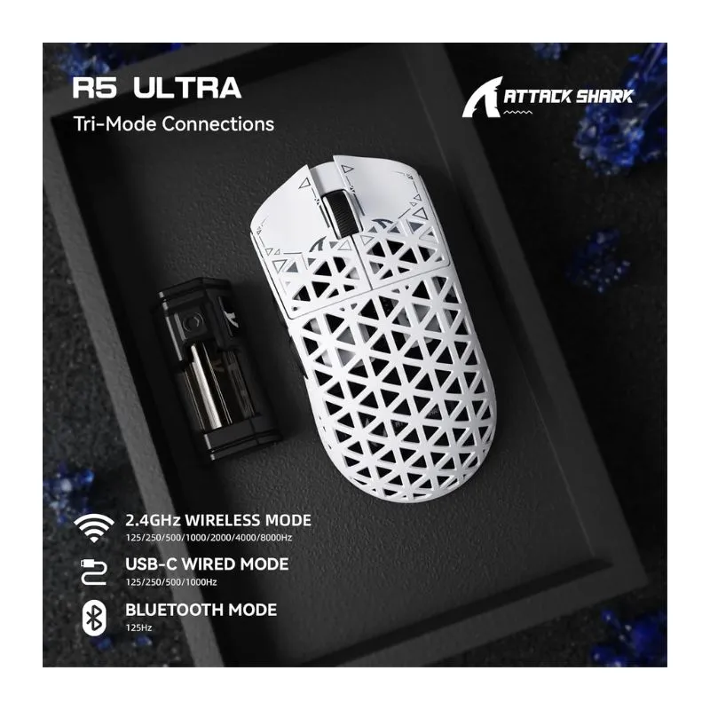 Mouse Attack Shark R5 Ultra Carbon Fiber 42000 DPI RGB Wireless Gaming - White view 3