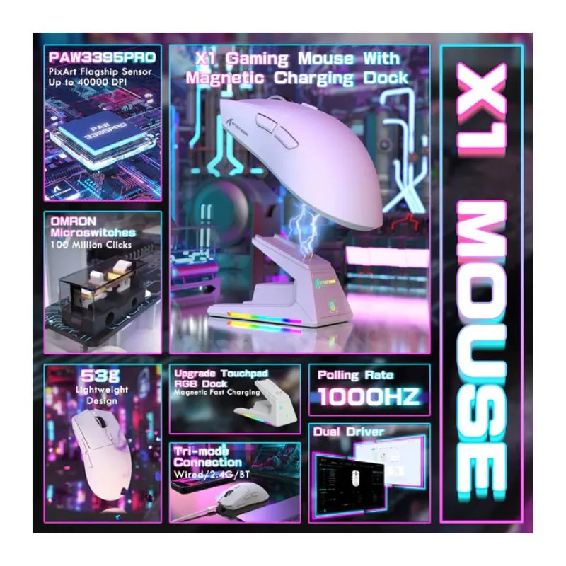 Mouse Attack Shark X1 16000 DPI RGB Tri-mode Wireless Gaming - White view 2