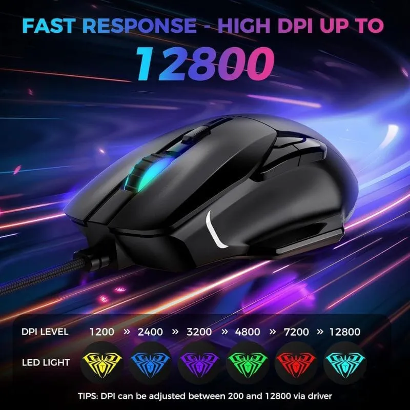 Mouse AULA F815 Wired RGB 12800 DPI & 6-Macro Buttons Gaming Mouse Black view 3