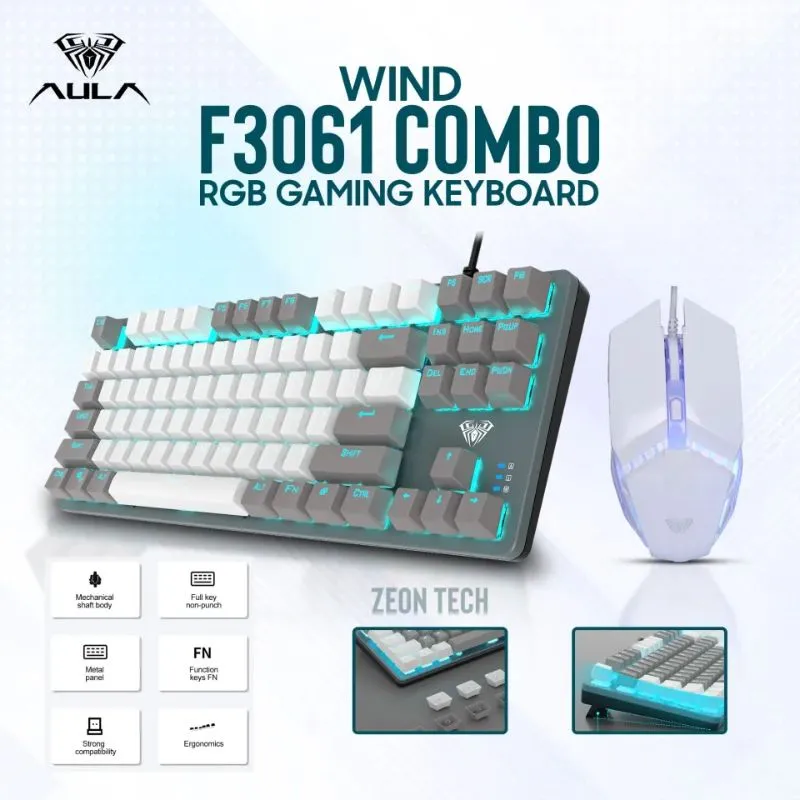 Mouse Aula F3061 Membrane Gaming Keyboard & Combo - Grey/White view 2