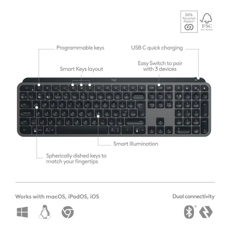 Keyboard Logitech MX Keys S Wireless Gaming Keyboard - Black alternate