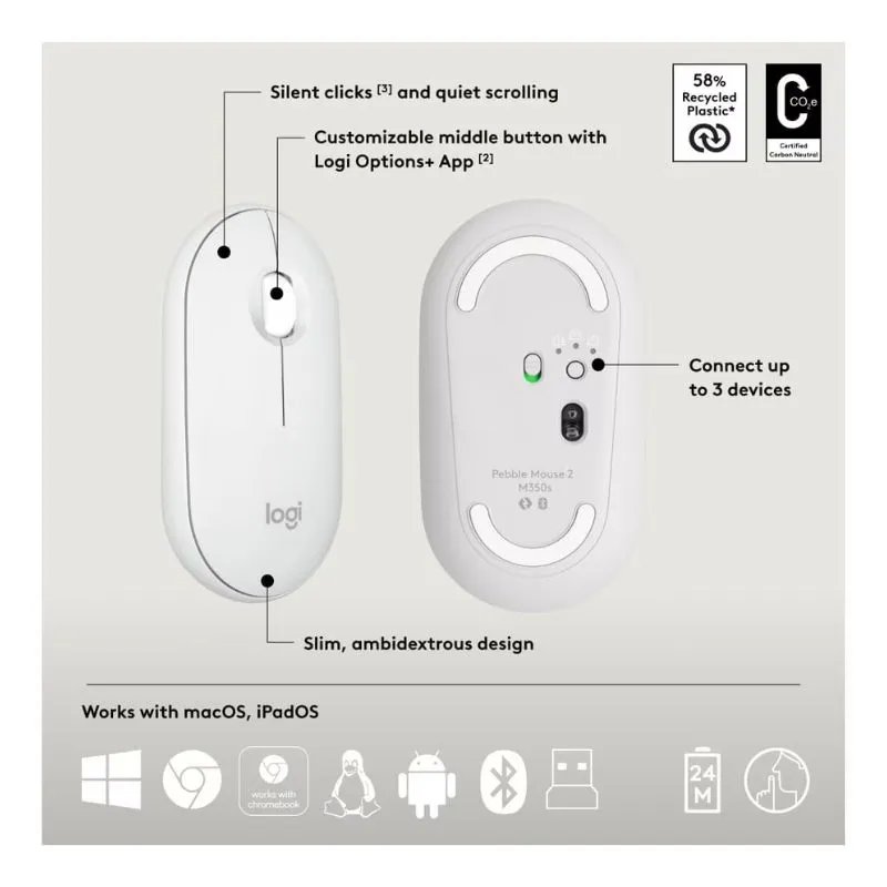Mouse Logitech Pebble 2 Combo Wireless Gaming Keyboard and - White view 3