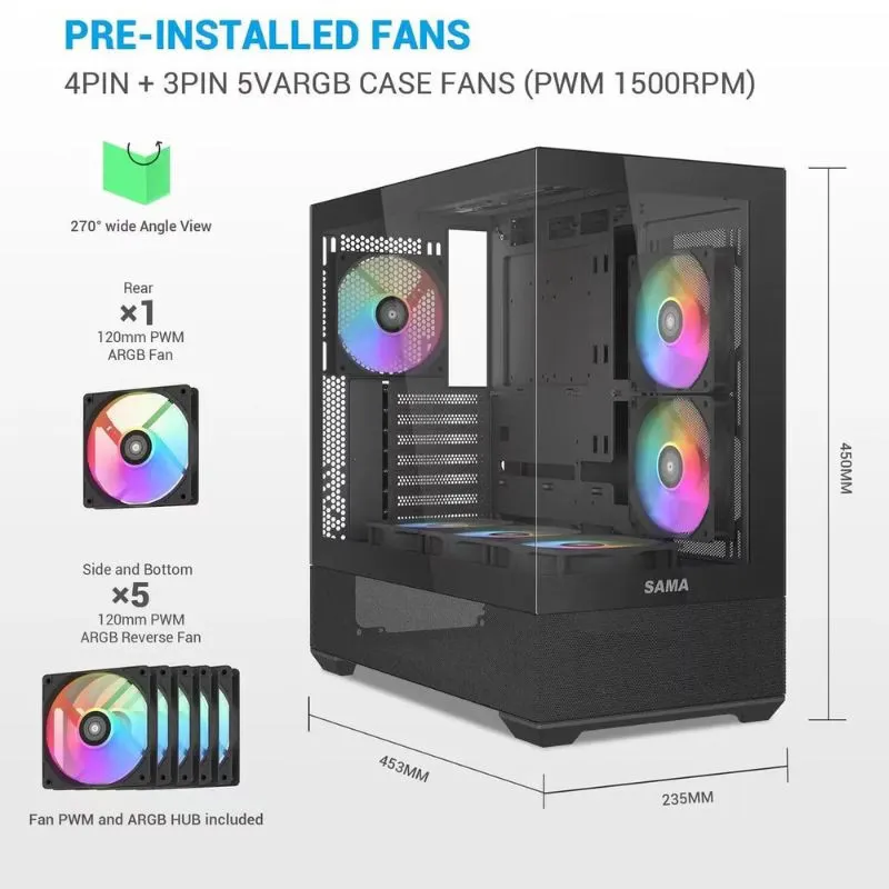 Case SAMA V40 ATX Mid Tower PC Case (With 6 Pre-Installed ARGB Fans) - Black view 4