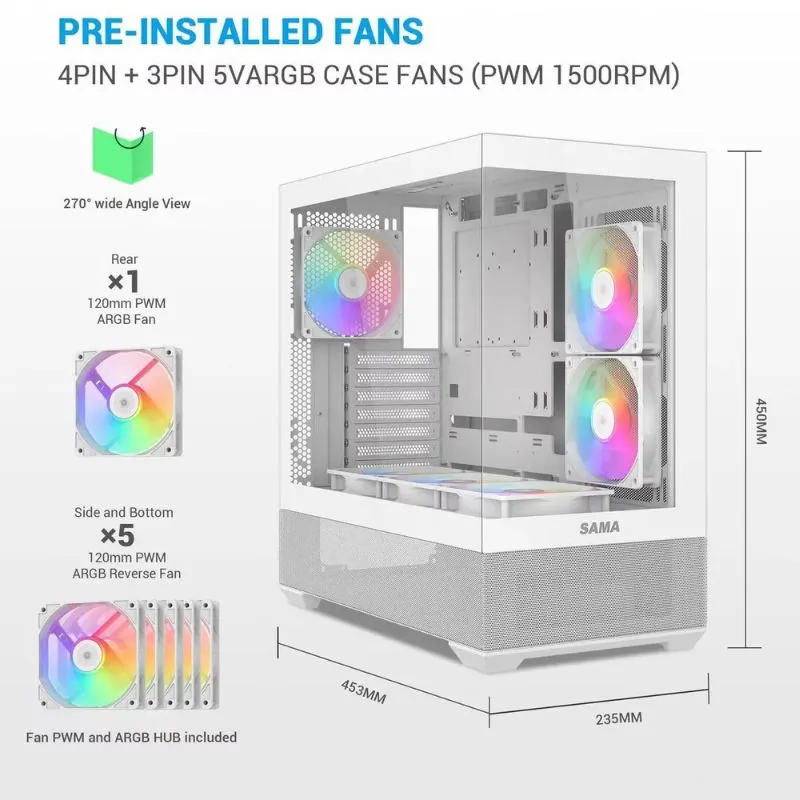 Case SAMA V40 ATX Mid Tower PC Case (With 6 Pre-Installed ARGB Fans) - White view 4