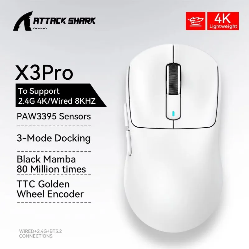 Mouse Attack Shark X3 Pro 26000 DPI RGB Wireless Gaming - White view 4