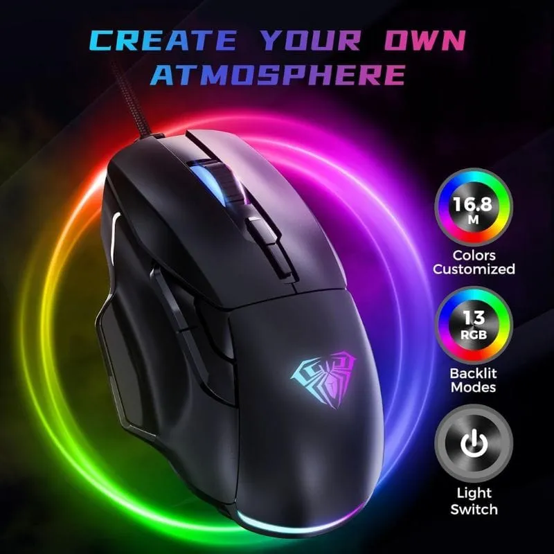 Mouse AULA F815 Wired RGB 12800 DPI & 6-Macro Buttons Gaming Black alternate