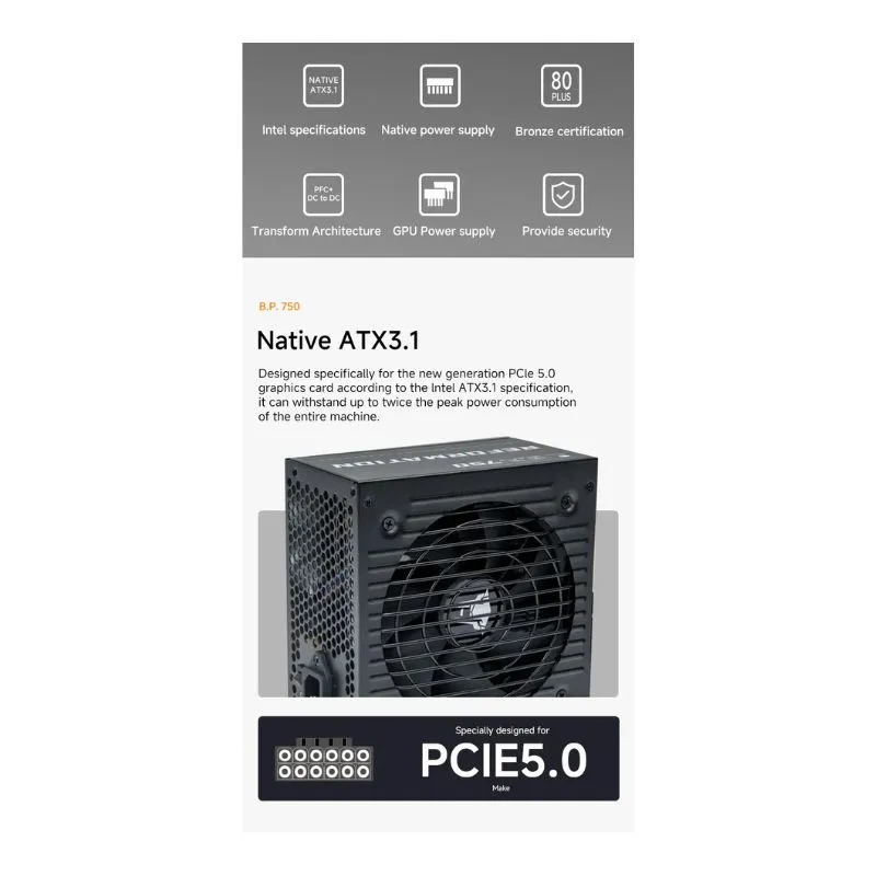 Power Supply Jungle Leopard BP750 750W 80+ Bronze ATX3.1 PCIe 5.0 Full-Modular Power Supply - Black view 3
