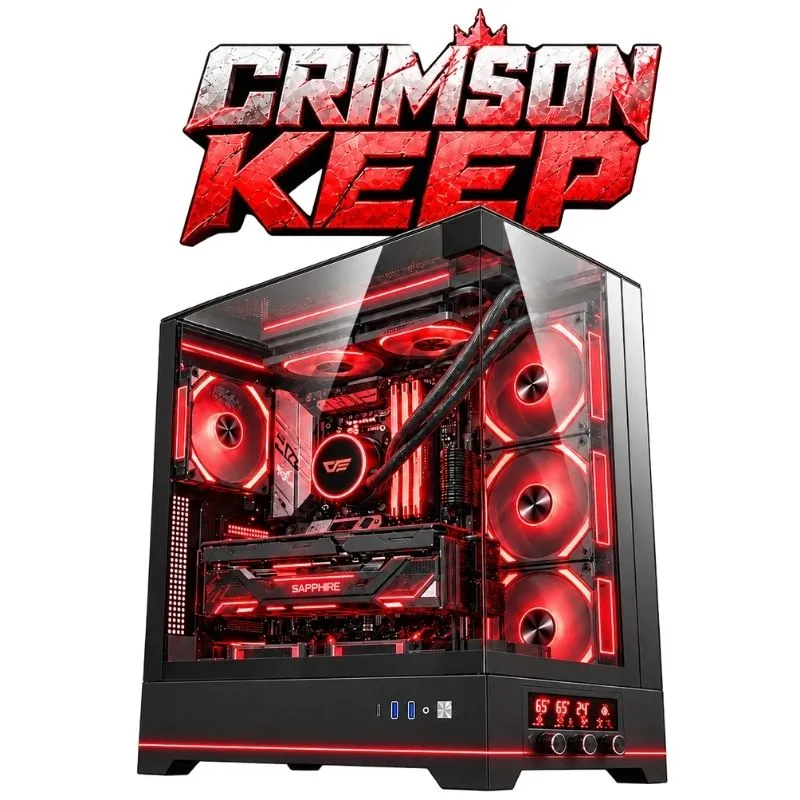 Desktop Crimson Keep Gaming PC - AMD Ryzen 7 9850X3D, Sapphire Pulse RX 9070 XT 16GB, Corsair Vengeance RGB 32GB DDR5-6400, AGI AI828 1TB NVMe Gen4