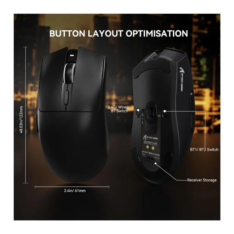 Mouse Attack Shark X1 16000 DPI RGB Tri-mode Gaming Mouse - Black view 4