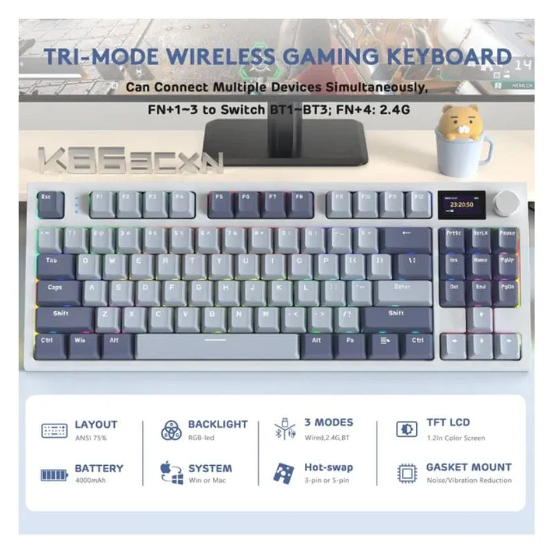 Keyboard ATTACK SHARK K86 RGB Wireless Mechanical Gaming Keyboard - Lavender Blue view 2