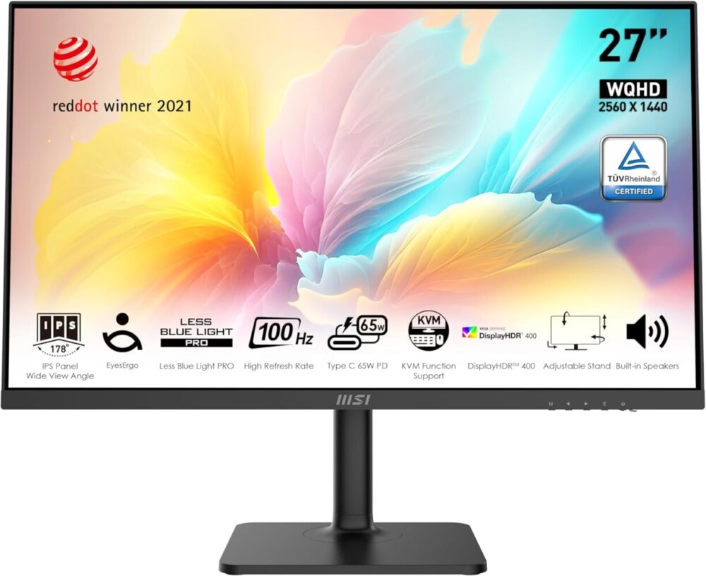 MSI Modern MD272QXP 27-inch IPS 2560 x 1440 (QHD) Computer Monitor, 100 Hz, Adaptive-Synch, HDR 400, HDMI, DisplayPort, USBC 65W Power Delivery, KVM, VESA, Height Adjustable, Speaker, 1ms, Black - Image 2