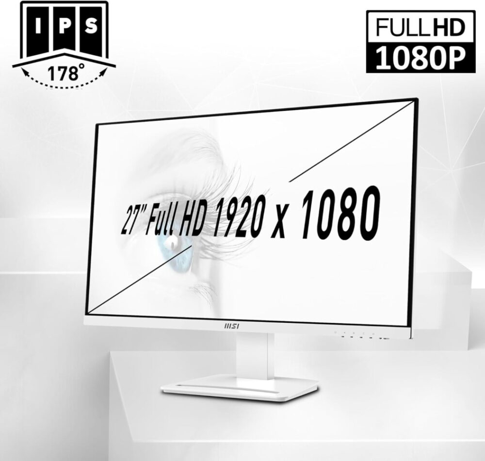 MSI Pro MP273AW, 27" Monitor, 1920 x 1080 (FHD), IPS, 100Hz, TUV Certified Eyesight Protection, 4ms, Displayport, HDMI, Tilt, White - Image 2