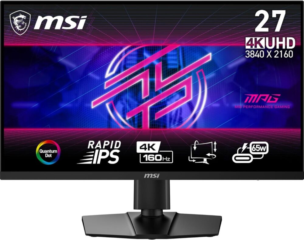 MSI MPG274URF QD 27-inch 3840 x 2160 (UHD) Computer Monitor, 160Hz, Adaptive-Synch, HDMI, DisplayPort, VESA Mountable, Tilt, Height Adjustable, Speaker, 0.5ms, Black