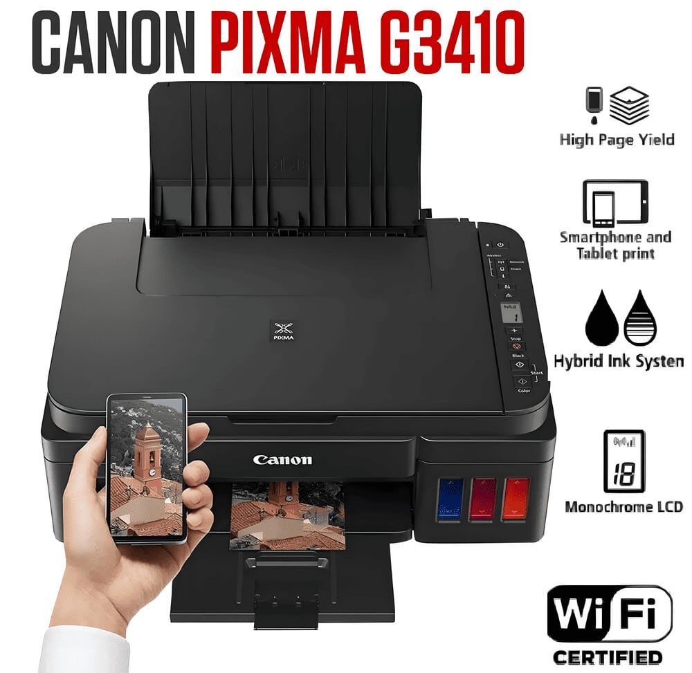 Canon PIXMA G3410 Wi-Fi, Inkjet Color All-in-One Printer, printing from smart devices