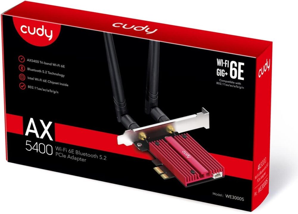 Cudy AX5400 Wireless WiFi 6E PCIe Card for PC, Bluetooth 5.2, AX210 Module Inside, Bluetooth 5.2/5/4.0, 802.11ax/ac/a/b/g/n, Windows 11,10, WE3000S V2